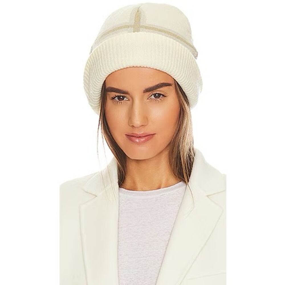 WeWoreWhat Oversized Plaid Beanie Ecru Khaki Multi Soft One Size